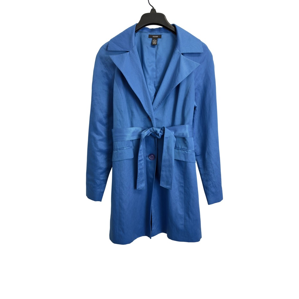 Alfani Womens Blue Linen Blend Belted Trench Coat Jacket Size M Light Weight